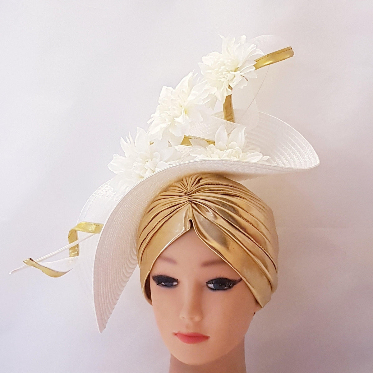 White & Gold Fascinator Hatinator: Quill Feather, Crinoline Swirl, Turban Hat