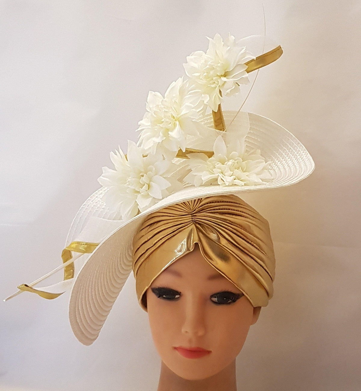 White & Gold Fascinator Hatinator: Quill Feather, Crinoline Swirl, Turban Hat