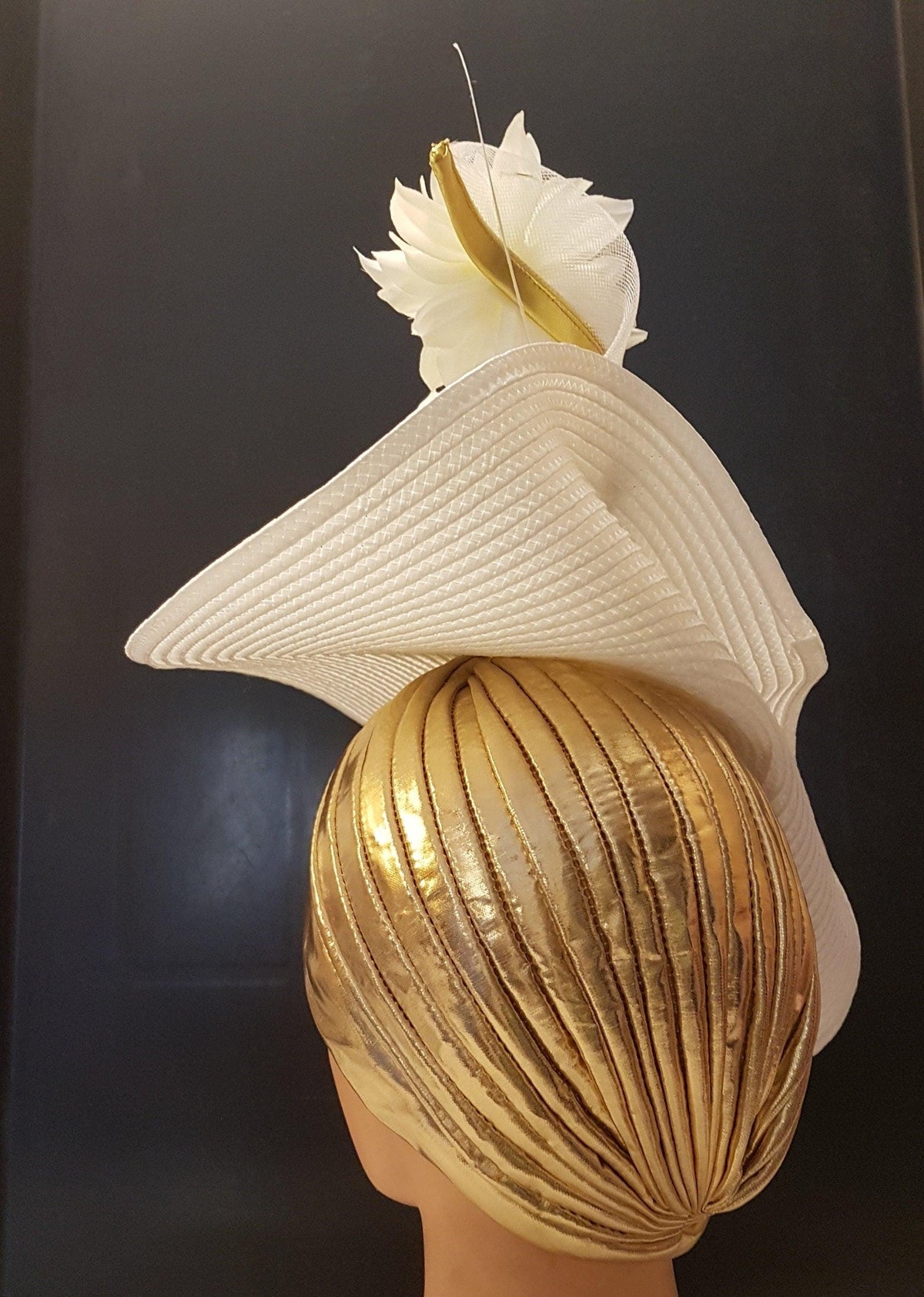 White & Gold Fascinator Hatinator: Quill Feather, Crinoline Swirl, Turban Hat