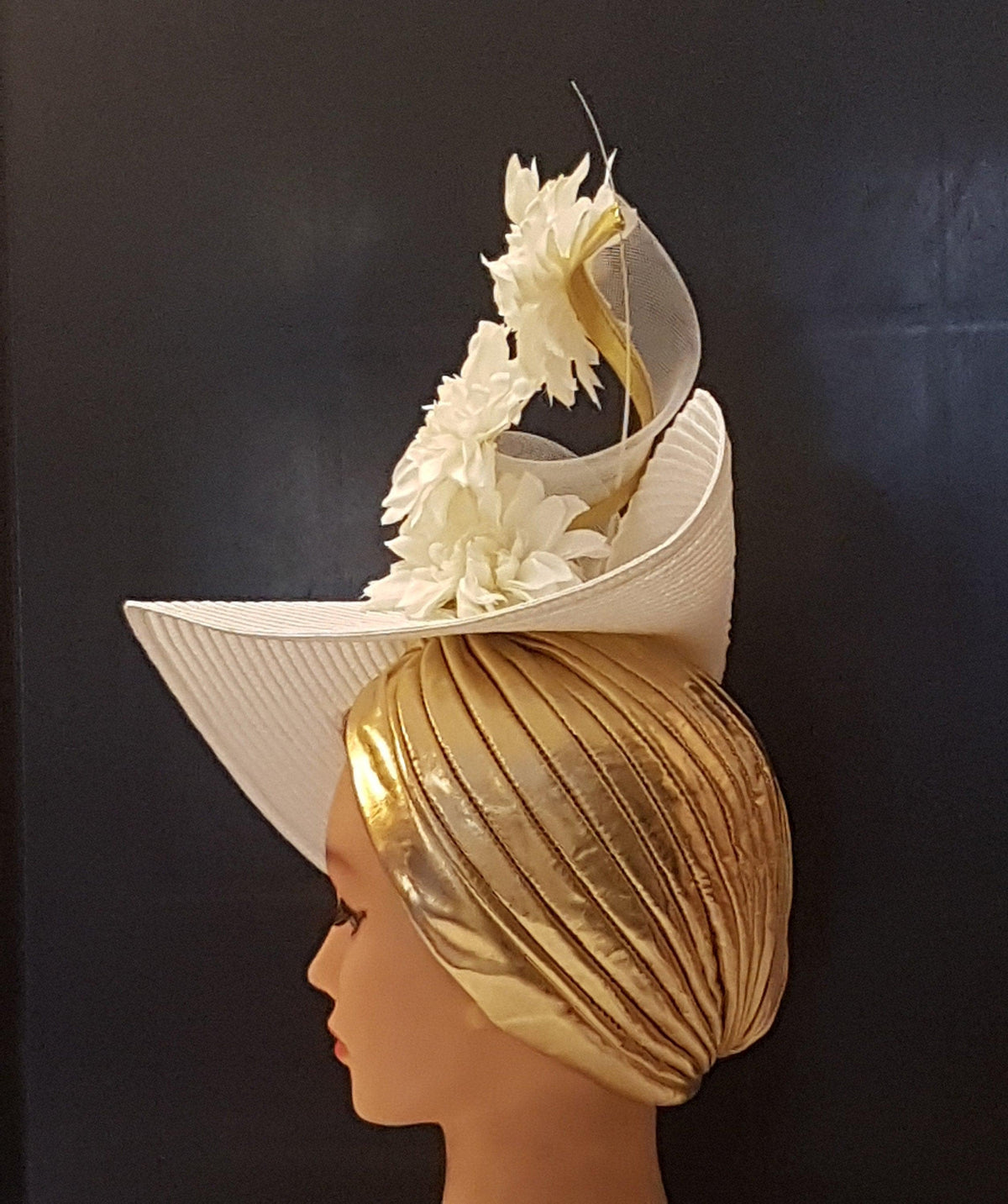 White & Gold Fascinator Hatinator: Quill Feather, Crinoline Swirl, Turban Hat