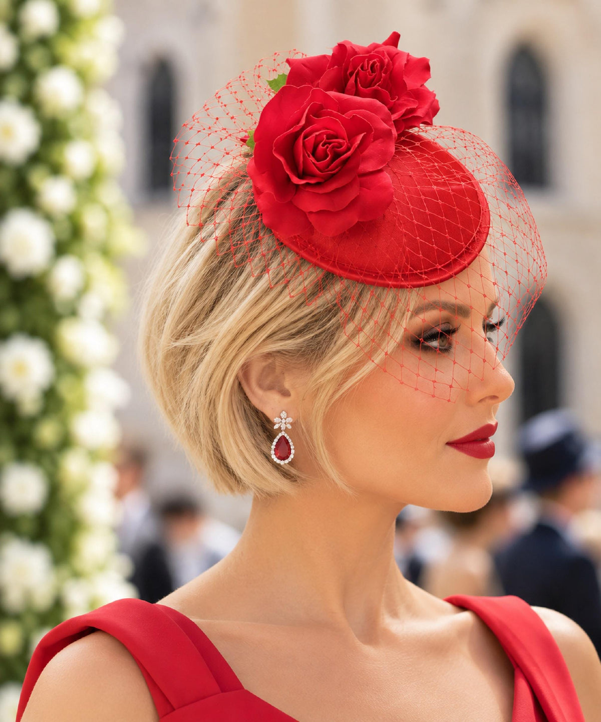 RED FASCINATOR, 40s 50s RED Birdcage veil Hat fascinator with Roses. Race,Cocktail,Ladies day,Ascot hat