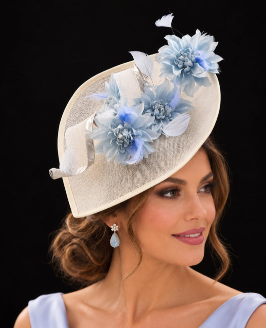 White and Blue Fascinator Hat: Floral Teardrop hat Wedding,Ascot, Derby Hatinator