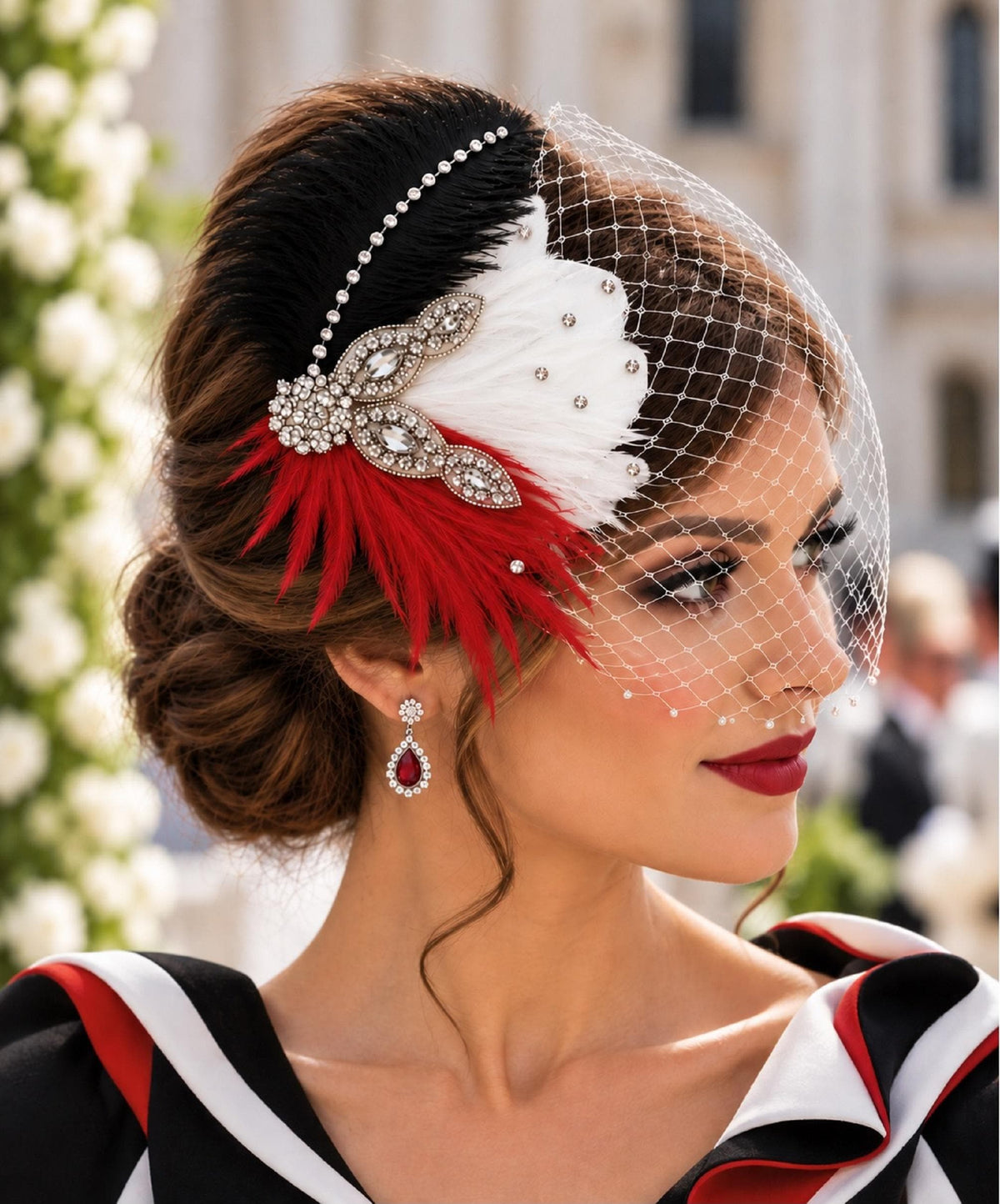 Birdcage veil Feather Fascinator: Black & White feathers Crystal Headpiece and face veil