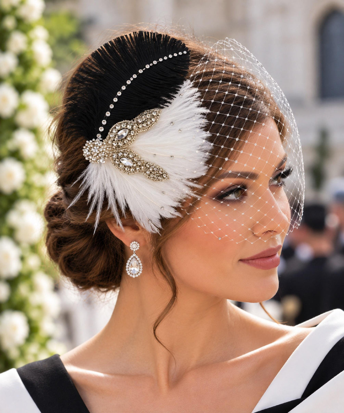 Birdcage veil Feather Fascinator: Black & White feathers Crystal Headpiece and face veil