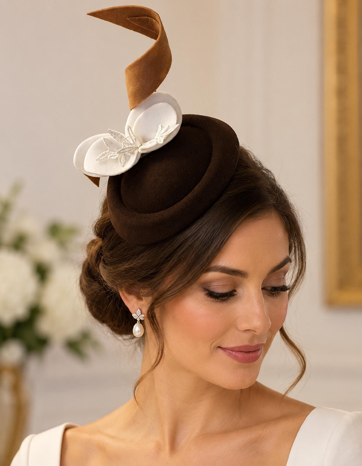 BROWN & TAN Hat fascinator. #Brown HAT fascinator with White felt leaves.Ascot hat fascinator,Wedding Race,Cocktail Church hat fascinator