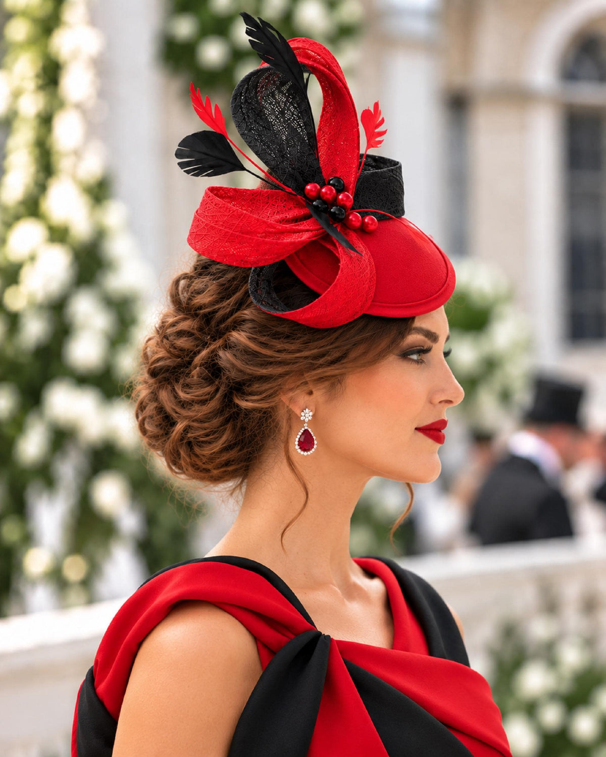Red Fascinator Hat, Feathered Ascot Race Wedding Christmas Formal event Headpiece