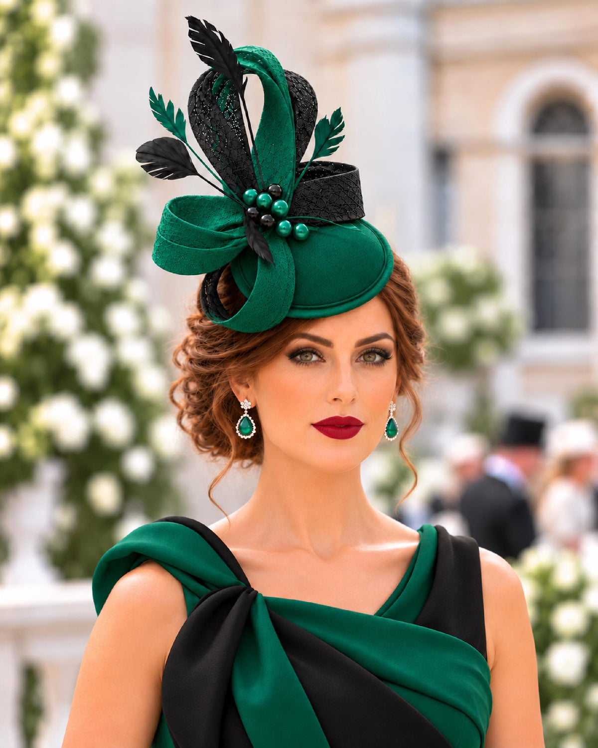Green and Black fascinator with Sina-may loops, feathers and pearl beads Christmas event, special occasion and Wedding, and Ascot hat