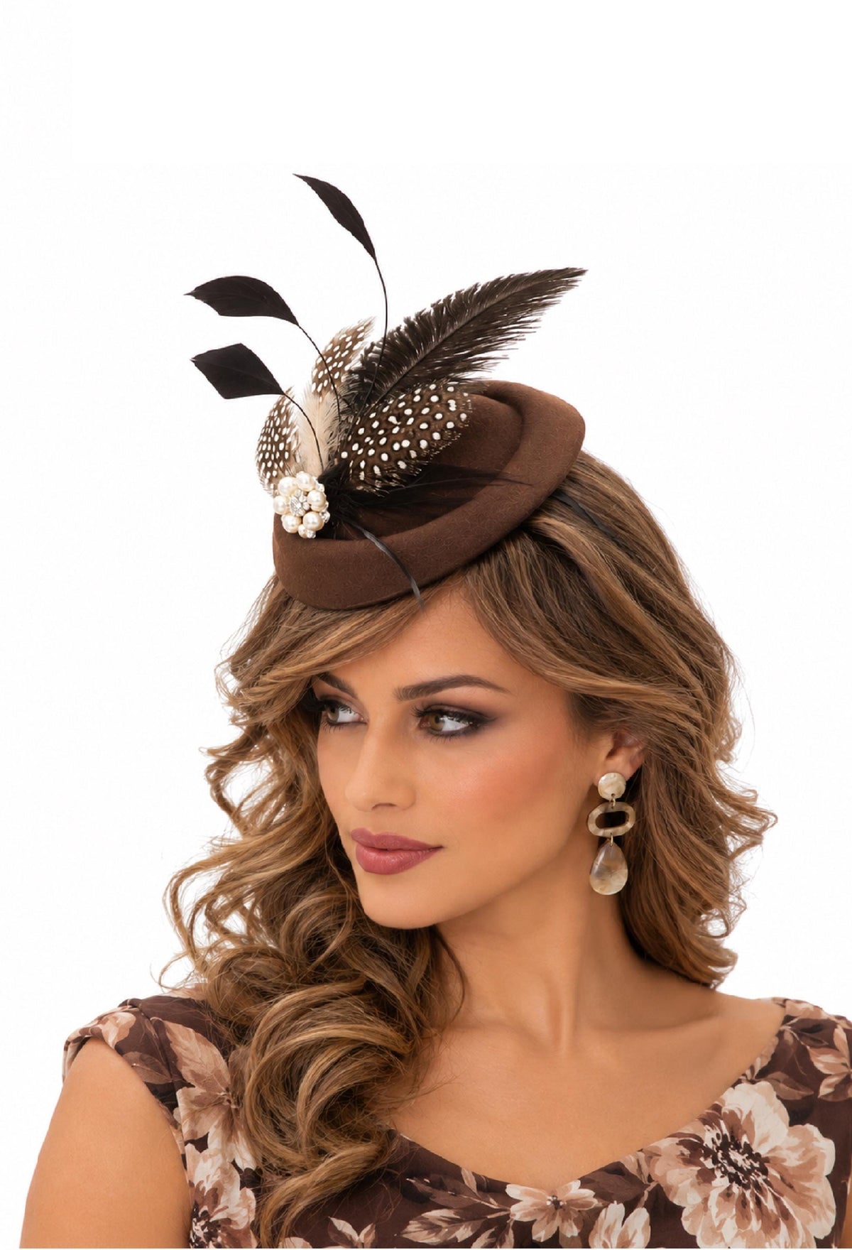 Brown pillbox felt hat fascinator with feathers