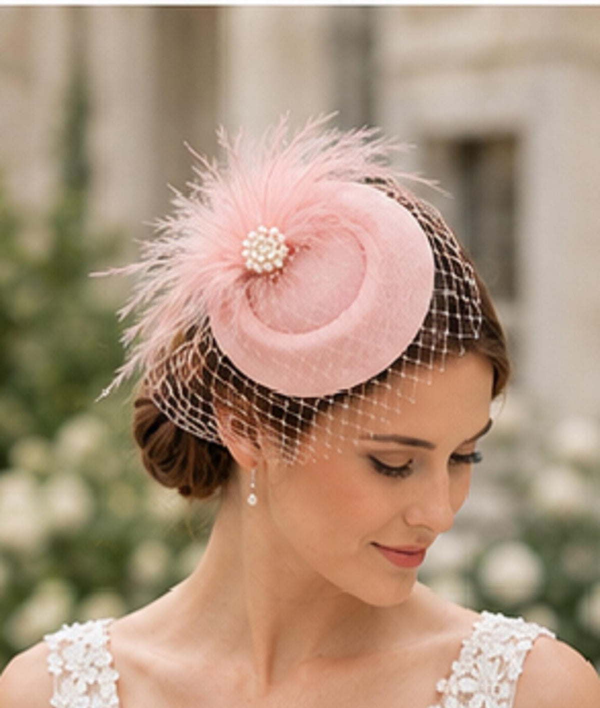 Bridal bird cage veil fascinator Hat# PINK Feather hat fascinator White,Ivory fascinator Blusher Veil