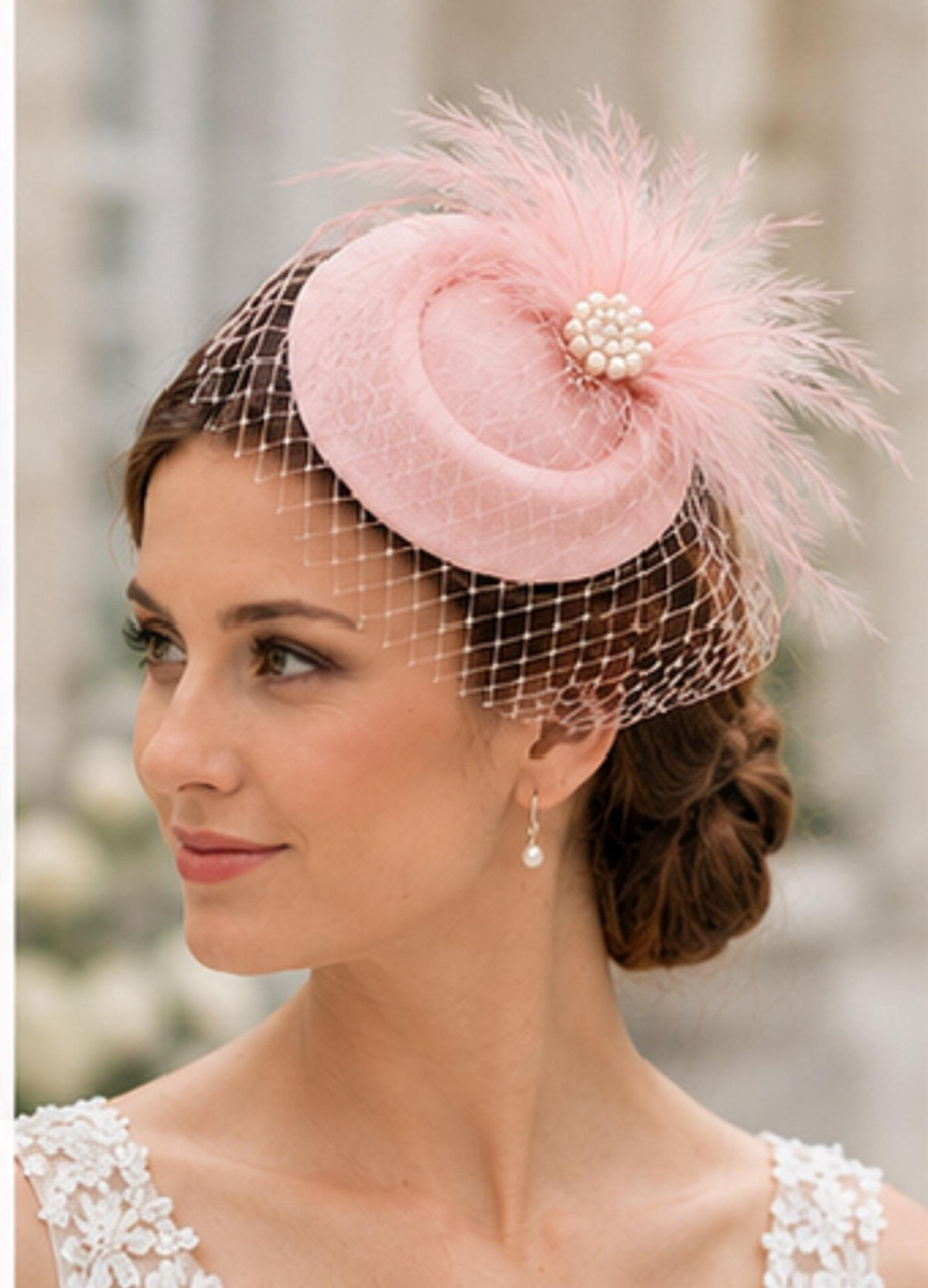 Bridal bird cage veil fascinator Hat# PINK Feather hat fascinator White,Ivory fascinator Blusher Veil