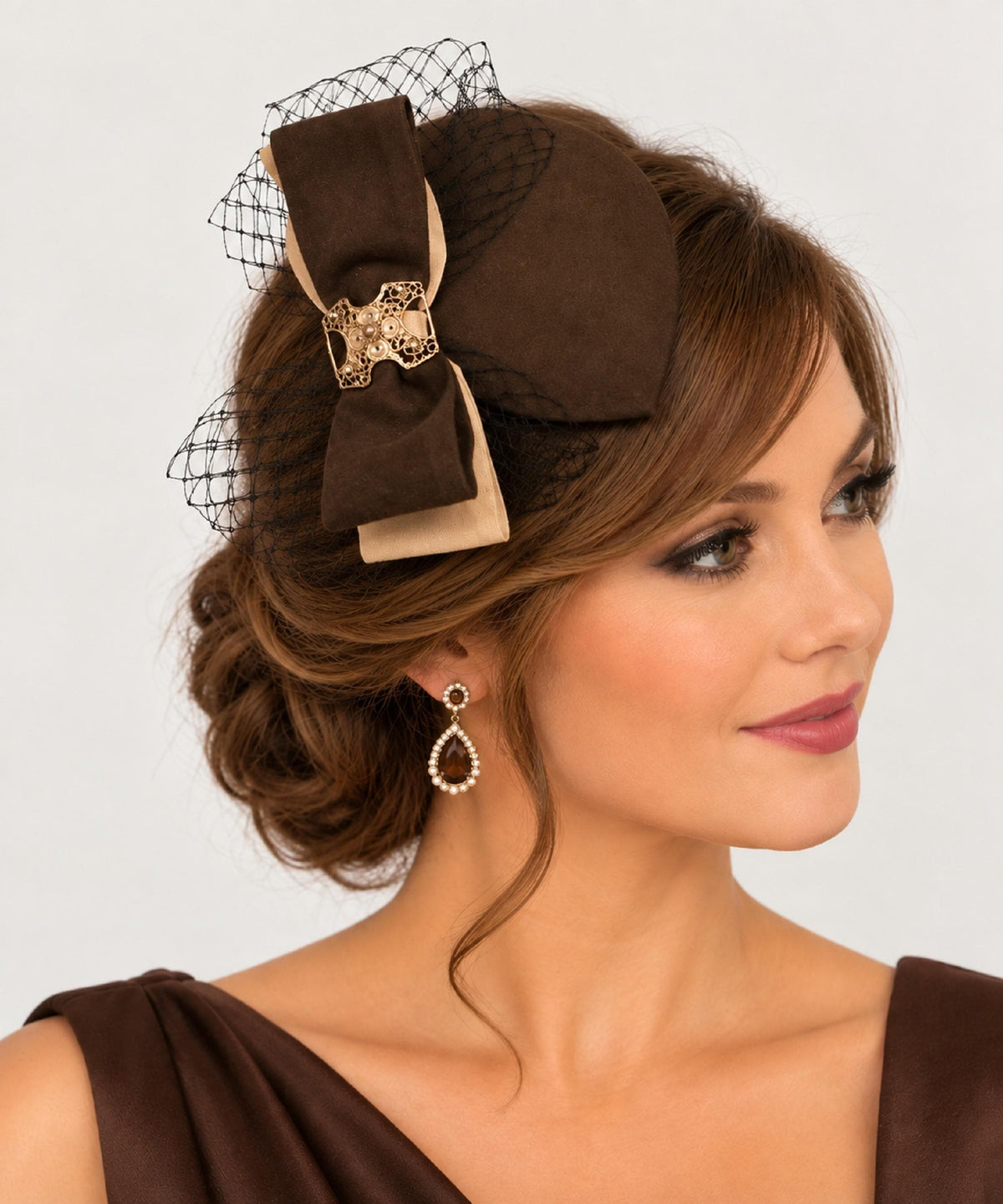 Lady Womens Dress Fascinator, SUEDE Coffee Brown Teardrop Hat, Vintage 40s 50s Party Wedding Ascot hat Night out Bow Hat, Brown fascinator