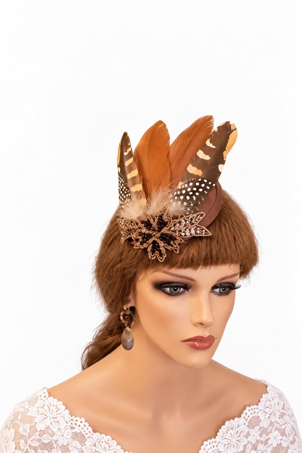 Brown Feather hat Fascinator: Crystal Beaded Hat Ascot ,Races, wedding,Gatsby party headpiece