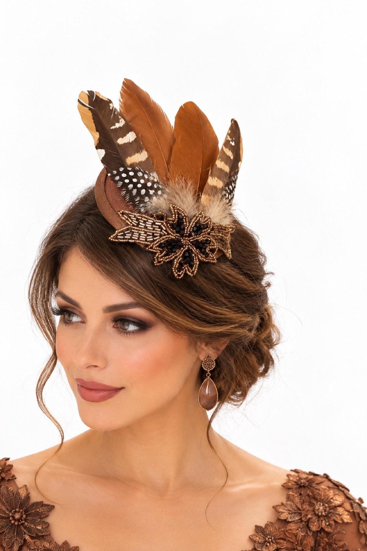 Brown Feather hat Fascinator: Crystal Beaded Hat Ascot ,Races, wedding,Gatsby party headpiece