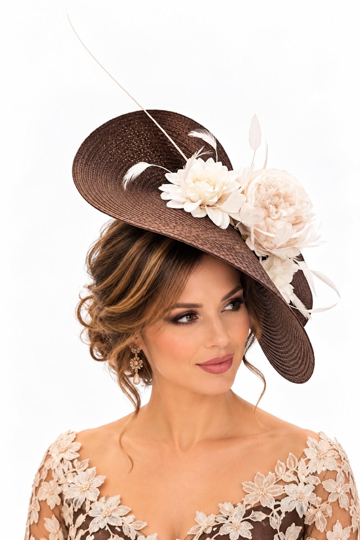 “Brown Mother of the Bride fascinator hat with ivory flowers, feathers and sweeping quill. Brown and Ivory wedding guest hat fascinator