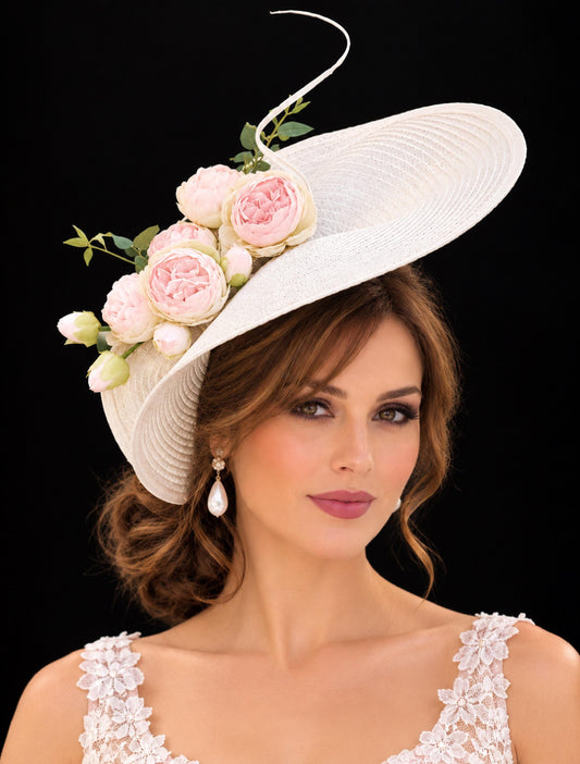 White Saucer Hatinator: Pink Floral Quill Feather Derby Hat