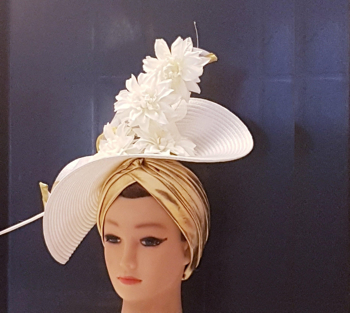 White & Gold Fascinator Hatinator: Quill Feather, Crinoline Swirl, Turban Hat