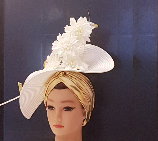 White & Gold Fascinator Hatinator: Quill Feather, Crinoline Swirl, Turban Hat