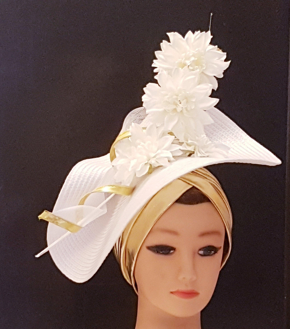 White & Gold Fascinator Hatinator: Quill Feather, Crinoline Swirl, Turban Hat