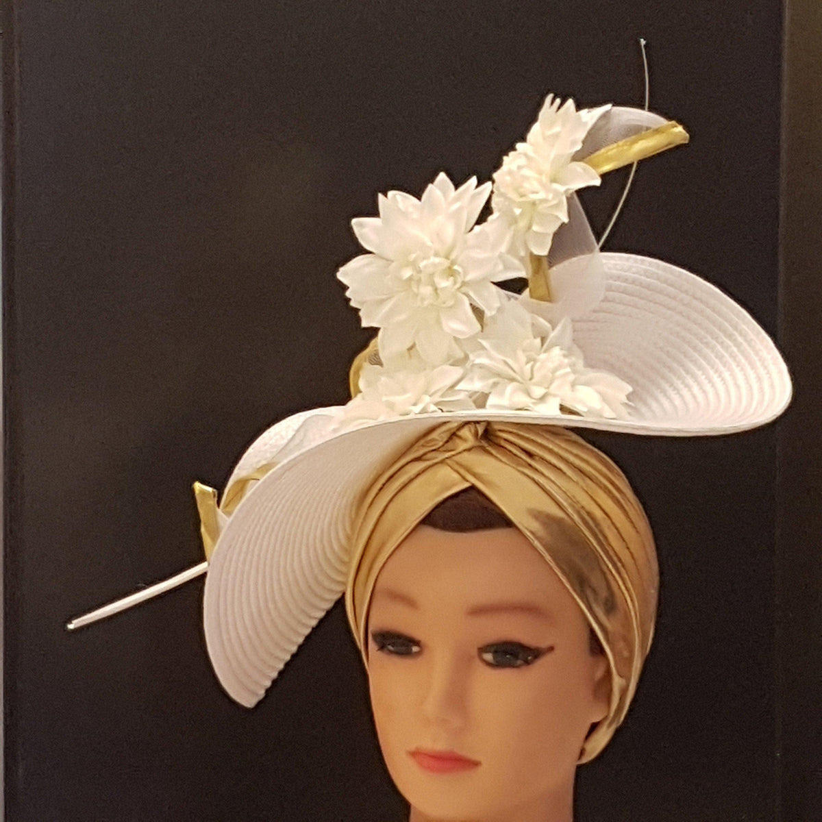 White & Gold Fascinator Hatinator: Quill Feather, Crinoline Swirl, Turban Hat