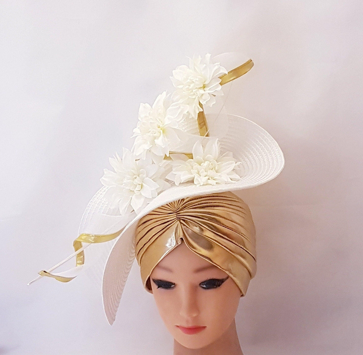 White & Gold Fascinator Hatinator: Quill Feather, Crinoline Swirl, Turban Hat