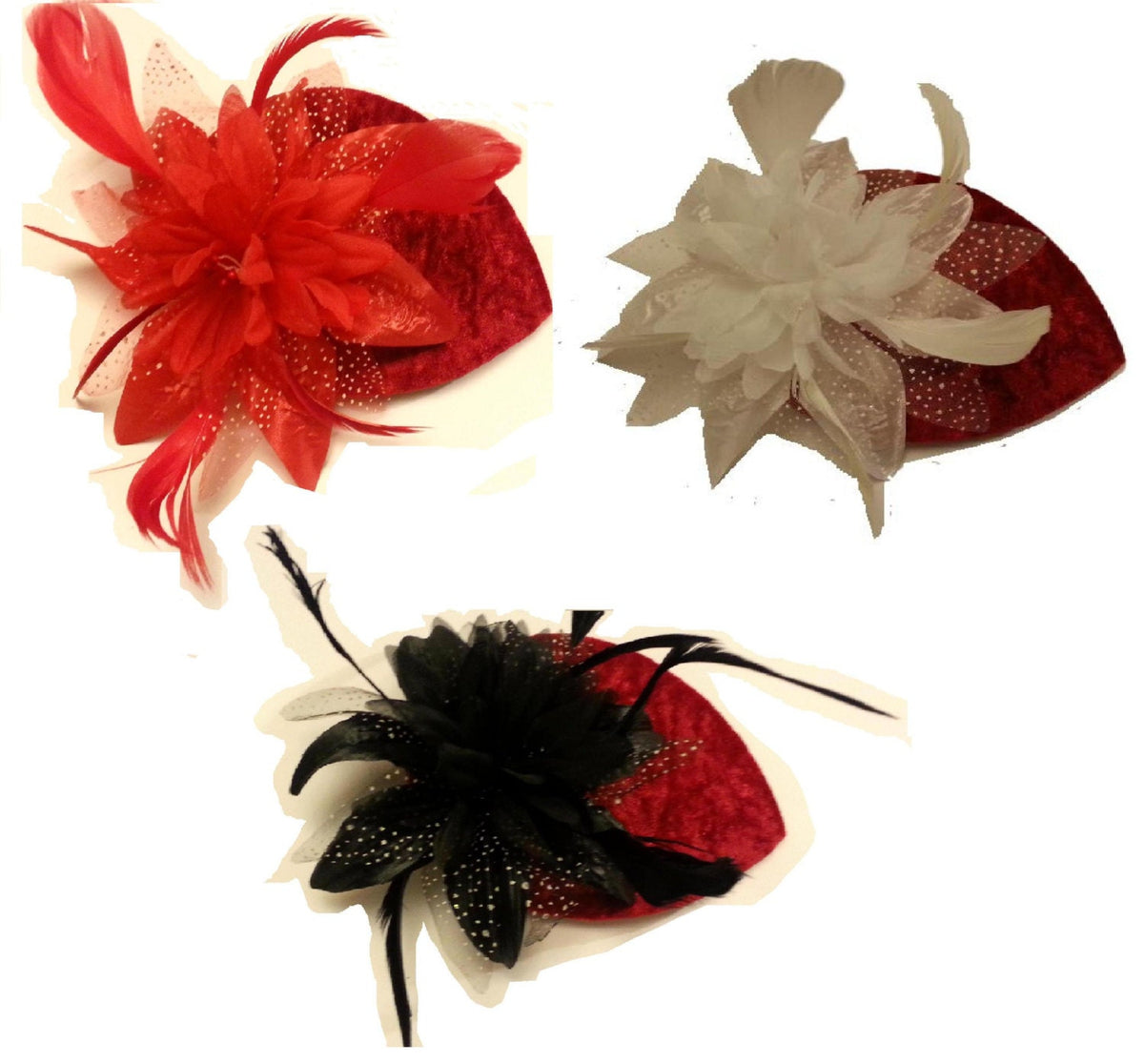 Red velvet hat with a red,Black and white Flowers and feathers
