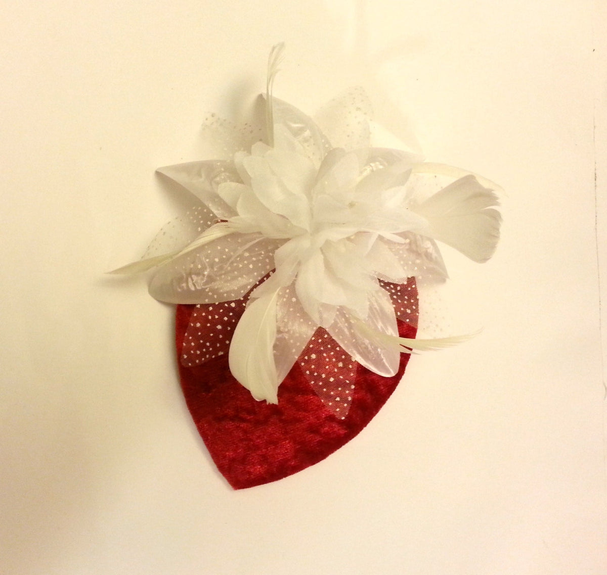Vintage 40s 50s Hat Red Velvet Teardrop Hat Feather fascinator Red Flower White flower or Black flower Fascinator Race Cocktail wedding hat