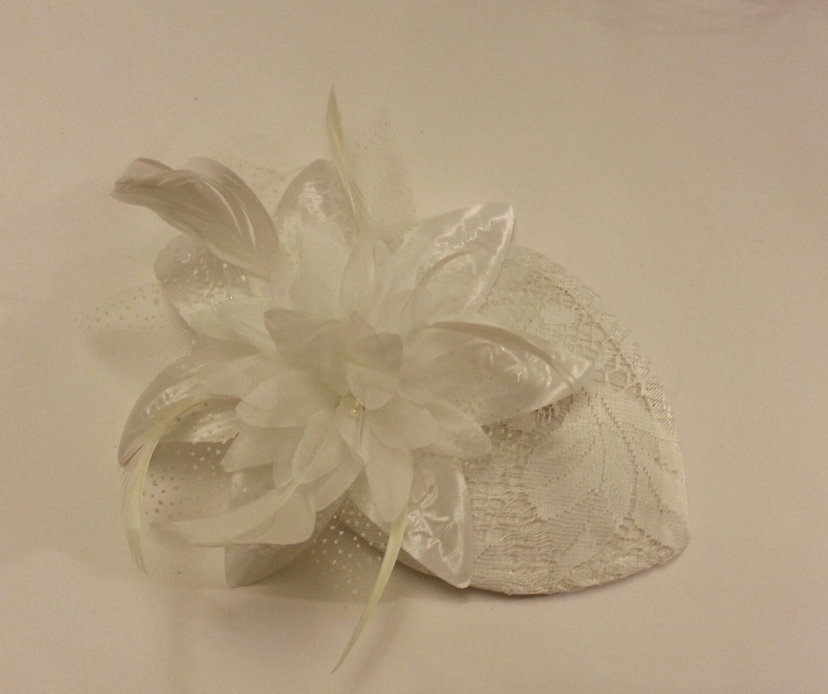wedding fascinator white or Ivory lace coveted small teardrop hat fascinator with a flowers and feather