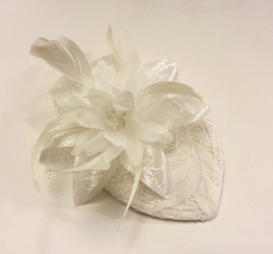 Bridal Fasinator hat with flower and feathers