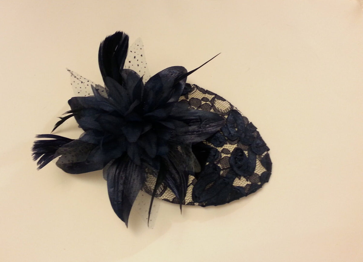 Vintage Navy Lace Teardrop Fascinator Hat with Feather Flower
