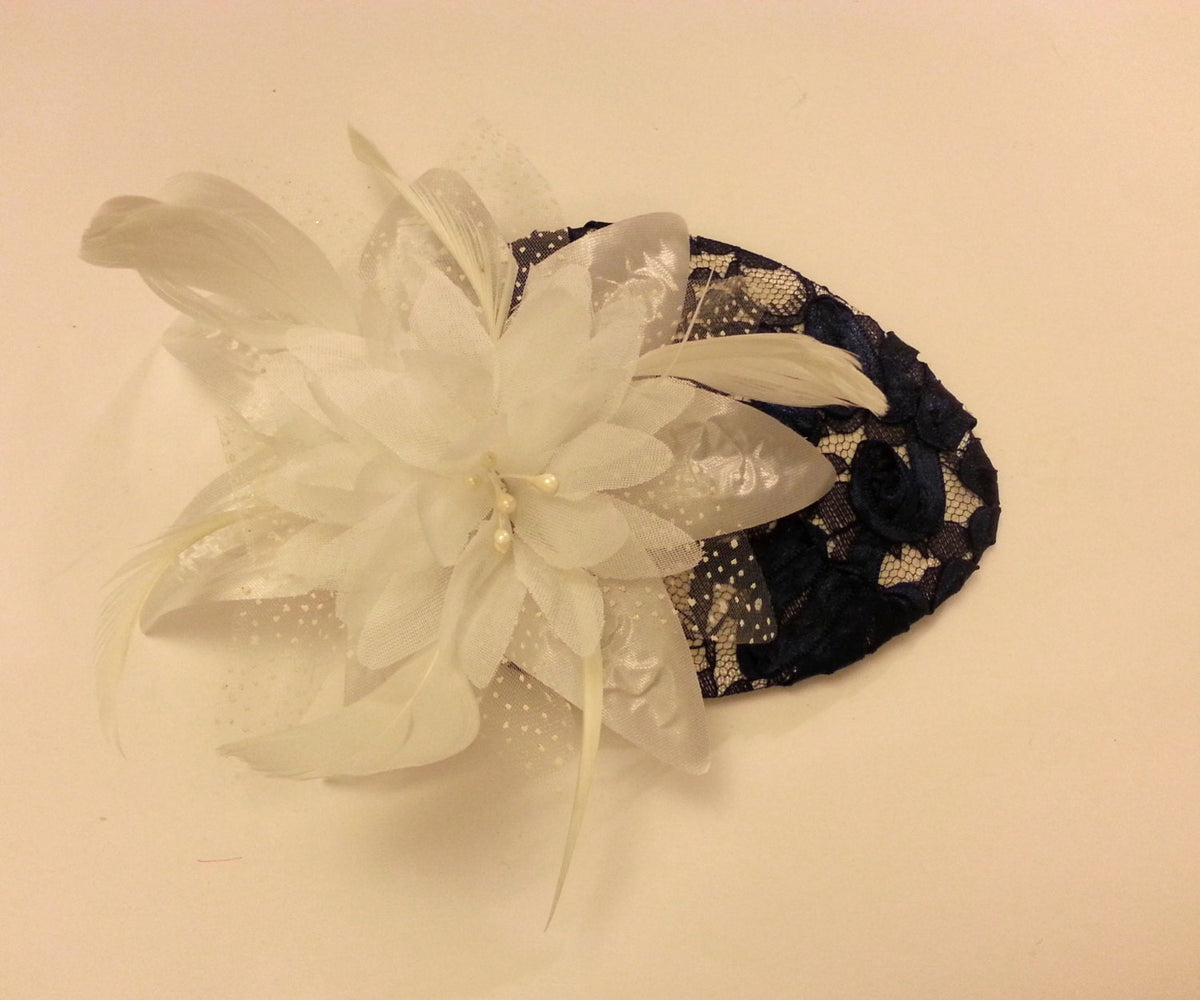 Vintage Navy Lace Teardrop Fascinator Hat with Feather Flower