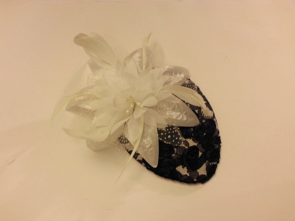 Vintage Navy Lace Teardrop Fascinator Hat with Feather Flower