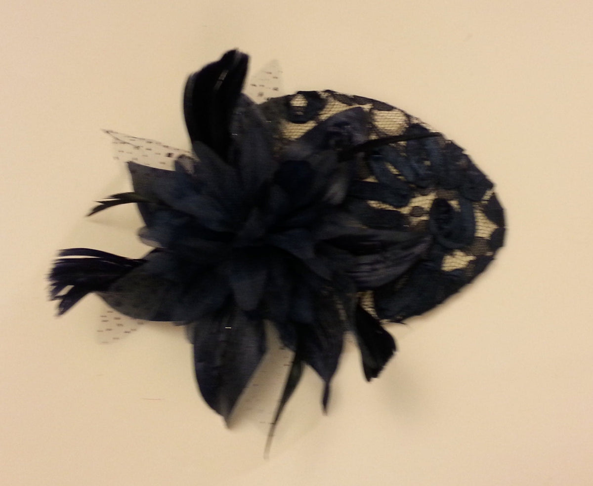 Vintage Navy Lace Teardrop Fascinator Hat with Feather Flower