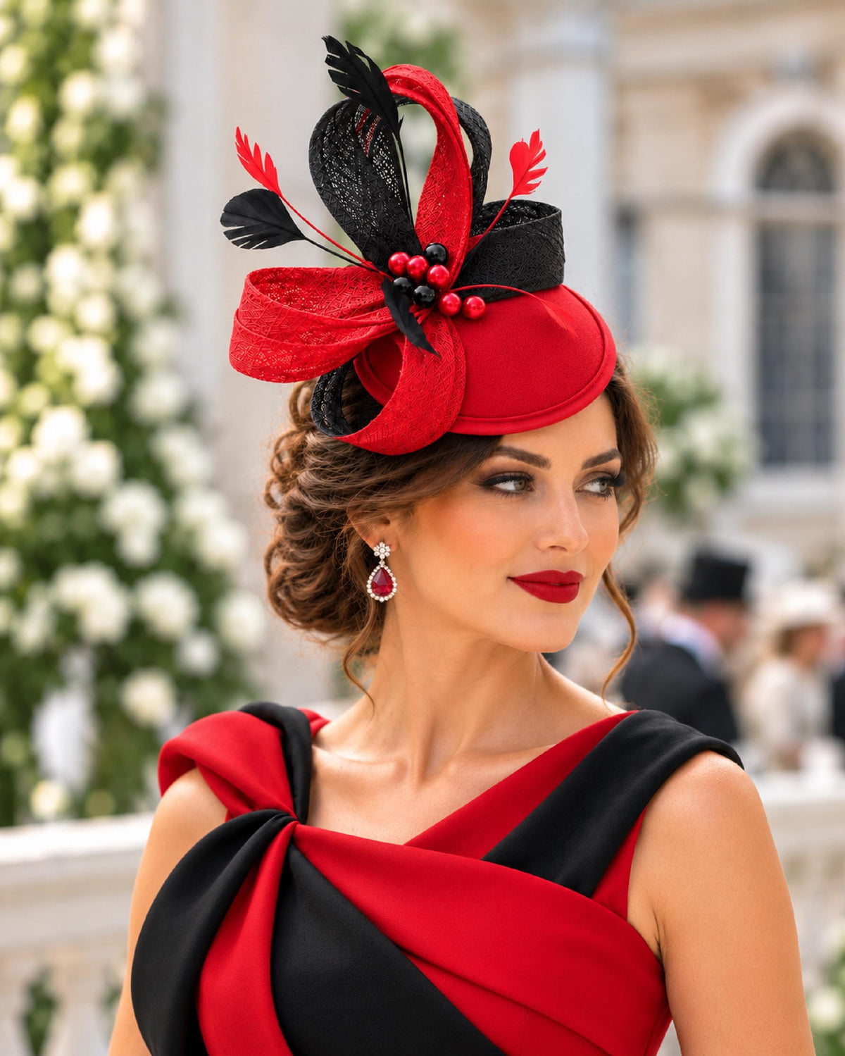 Red Fascinator Hat, Feathered Ascot Race Wedding Christmas Formal event Headpiece