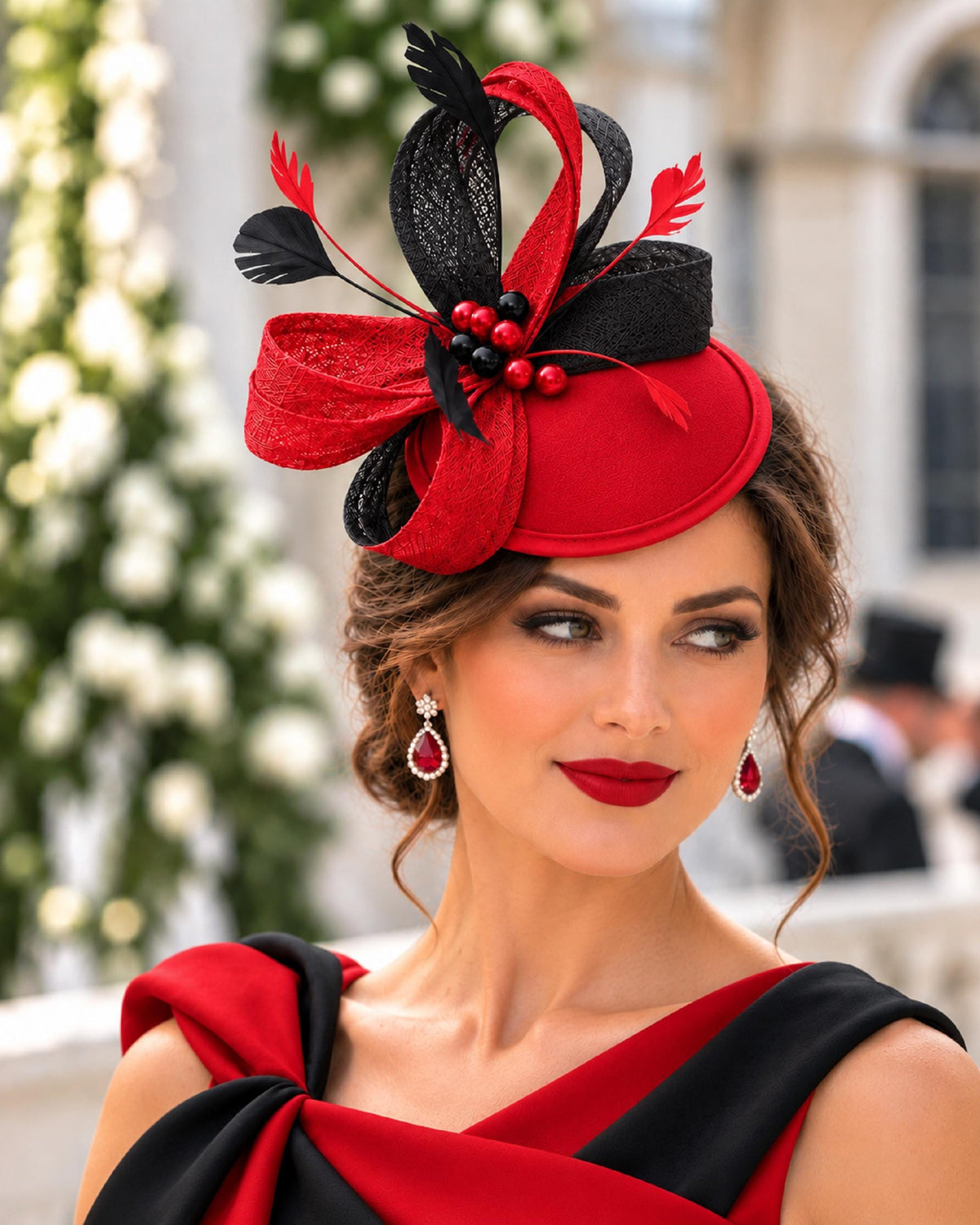 Red Fascinator Hat, Feathered Ascot Race Wedding Christmas Formal event Headpiece