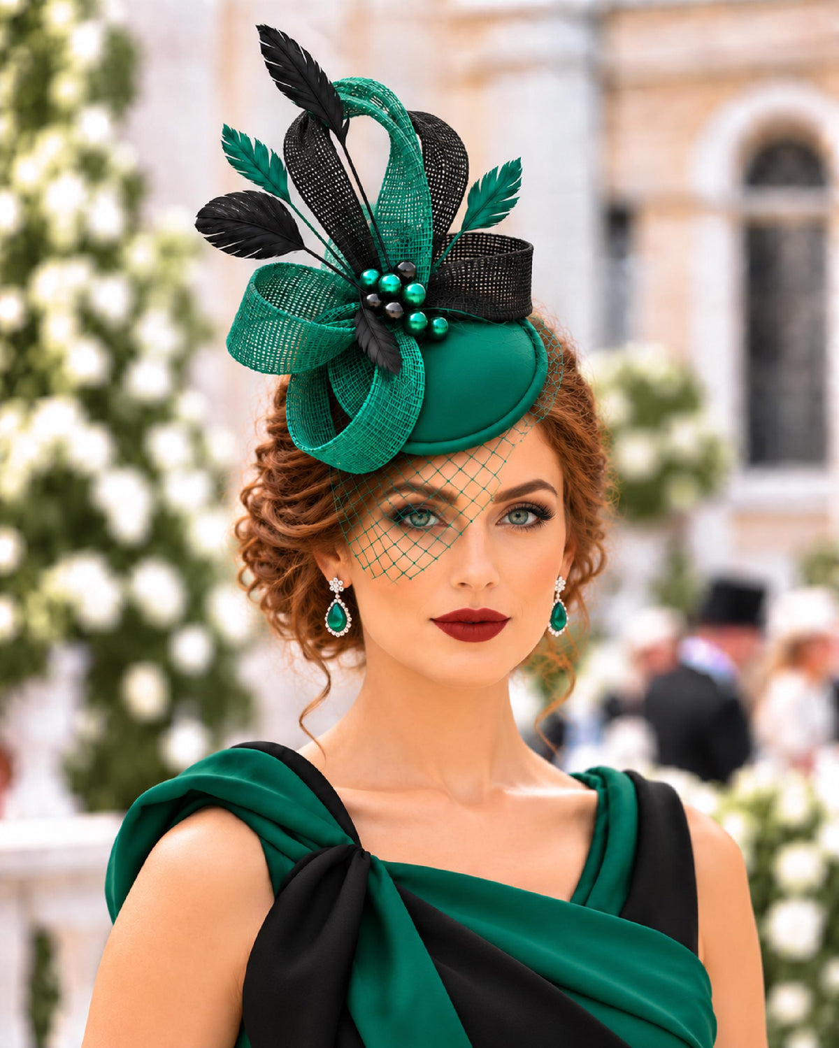 Green Fascinator Hat, Feathered Ascot Race Wedding Christmas Formal event Headpiece
