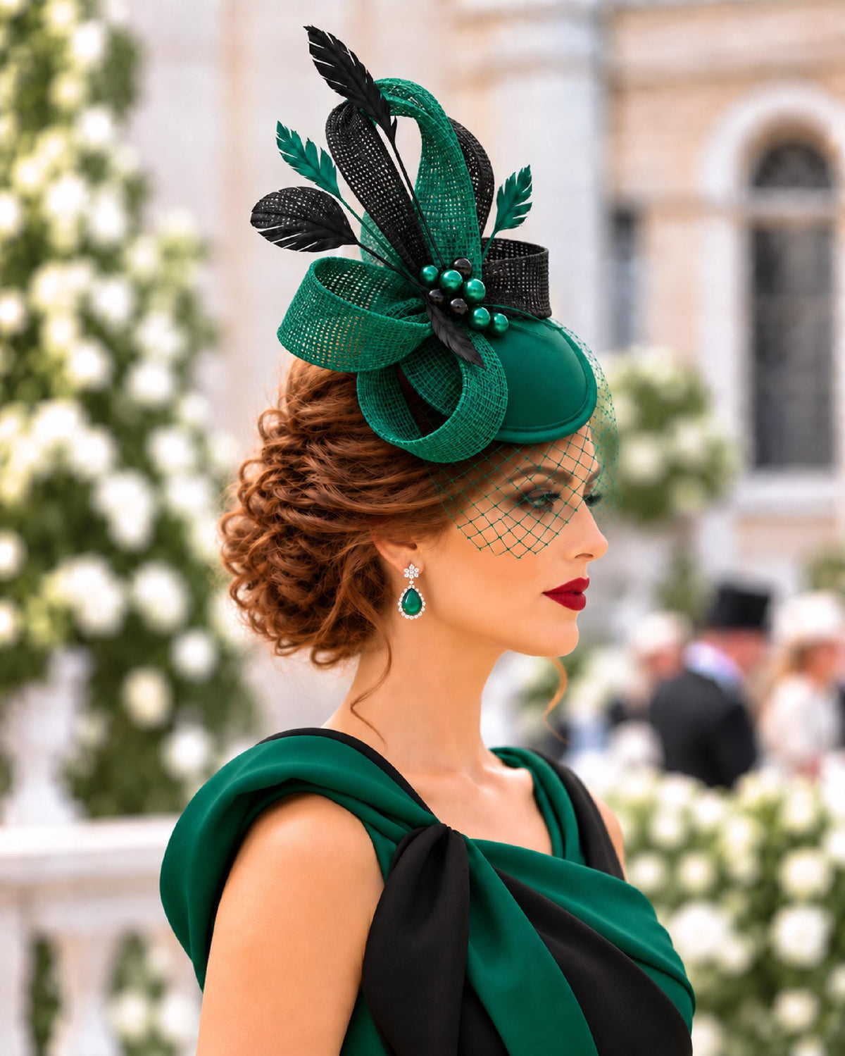 Green Fascinator Hat, Feathered Ascot Race Wedding Christmas Formal event Headpiece
