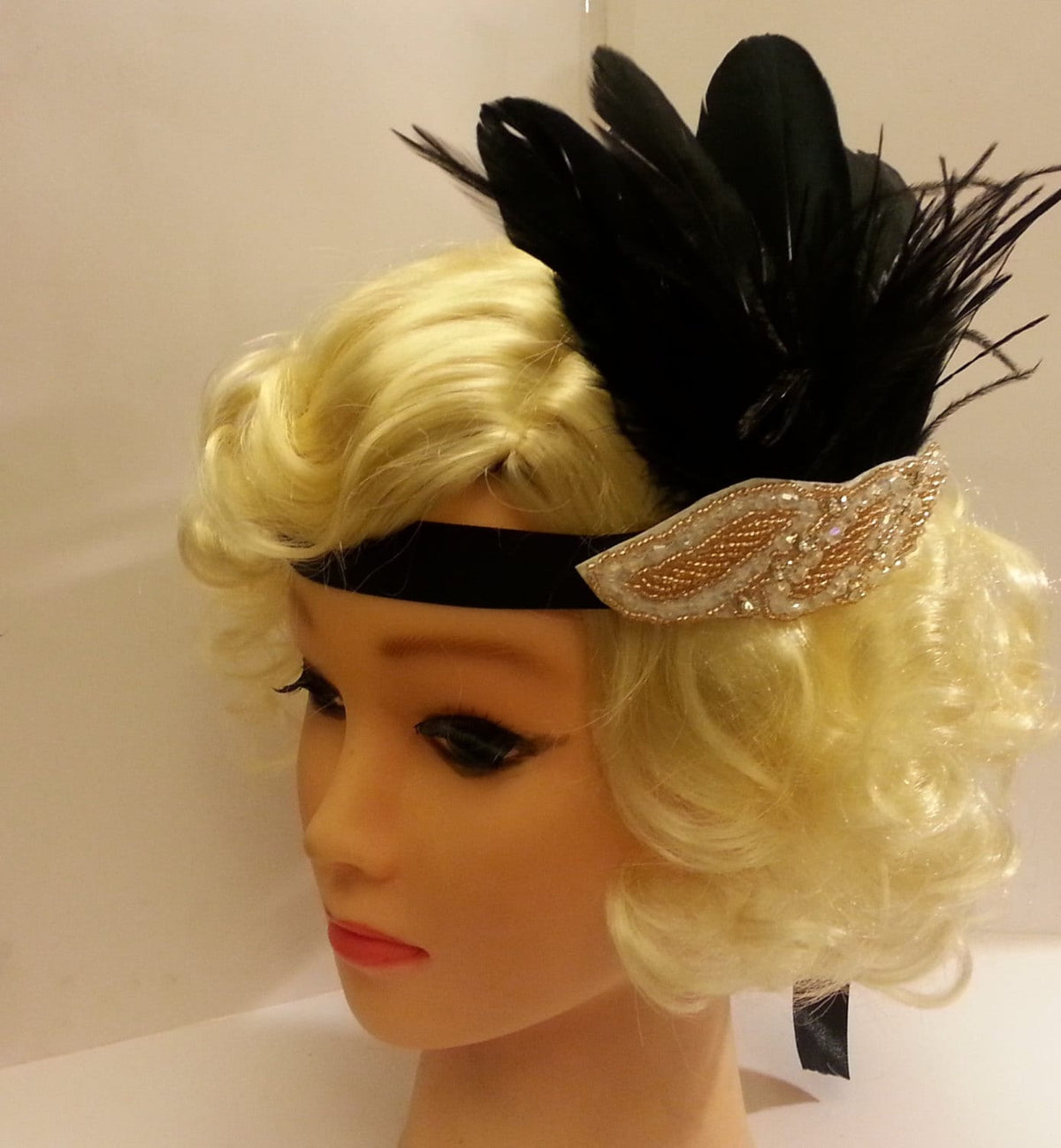 Gatsby Headband, Black and Gold Flapper Headpiece, Crystal Beaded Feather Aliceband