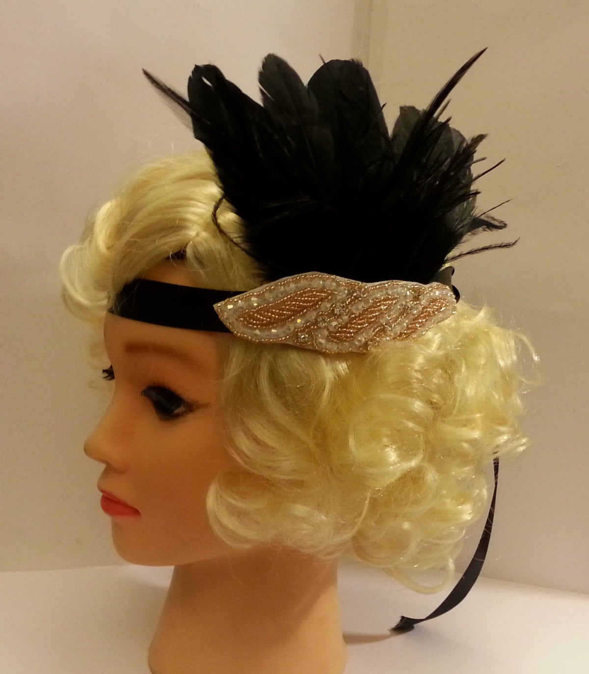 Gatsby Headband, Black and Gold Flapper Headpiece, Crystal Beaded Feather Aliceband
