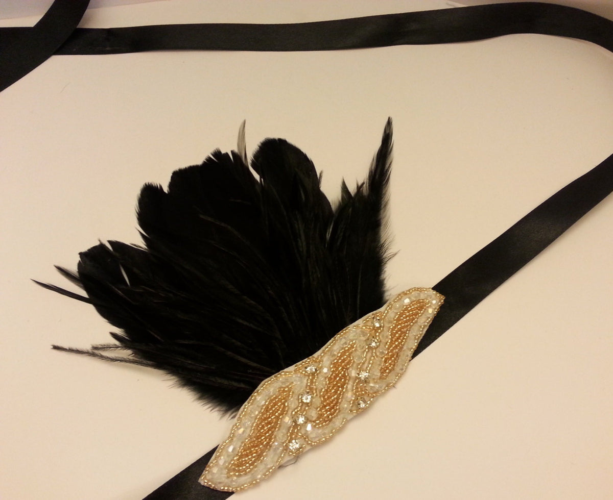 Gatsby Headband, Black and Gold Flapper Headpiece, Crystal Beaded Feather Aliceband