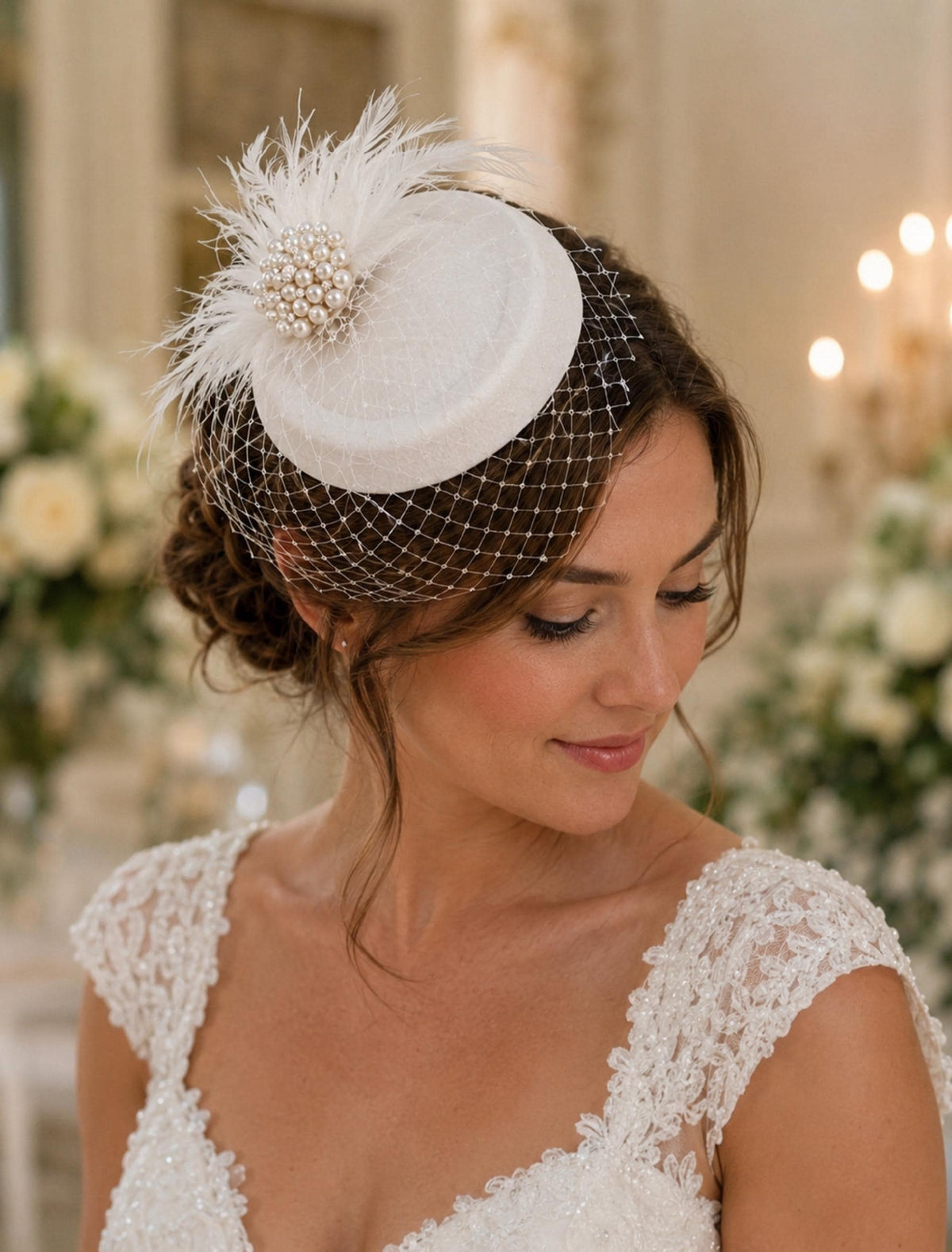 Bridal bird cage veil fascinator Hat# PINK Feather hat fascinator White,Ivory fascinator Blusher Veil