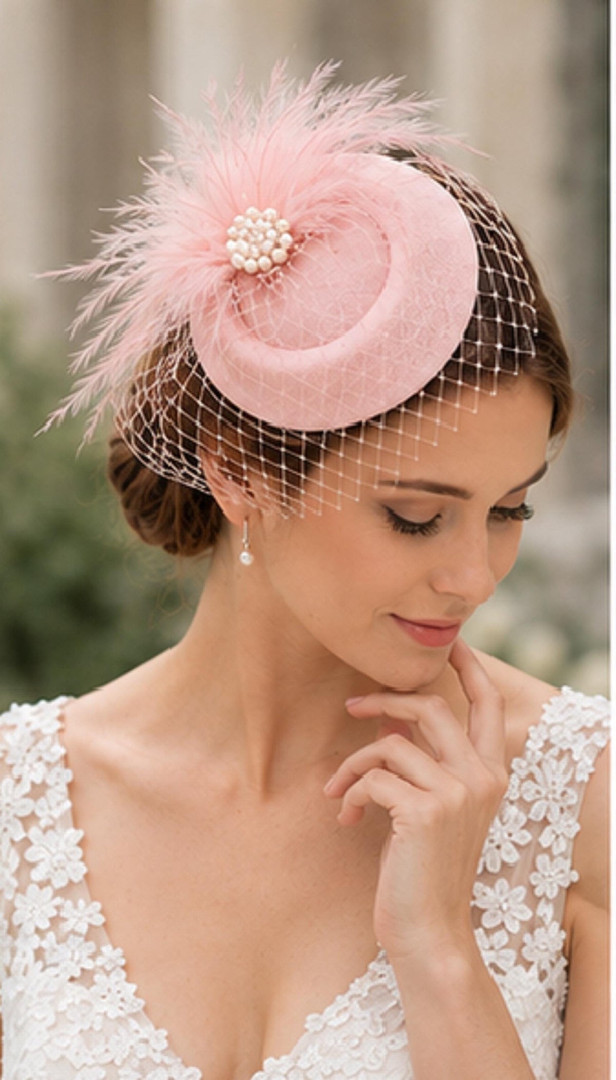Bridal bird cage veil fascinator Hat# PINK Feather hat fascinator White,Ivory fascinator Blusher Veil