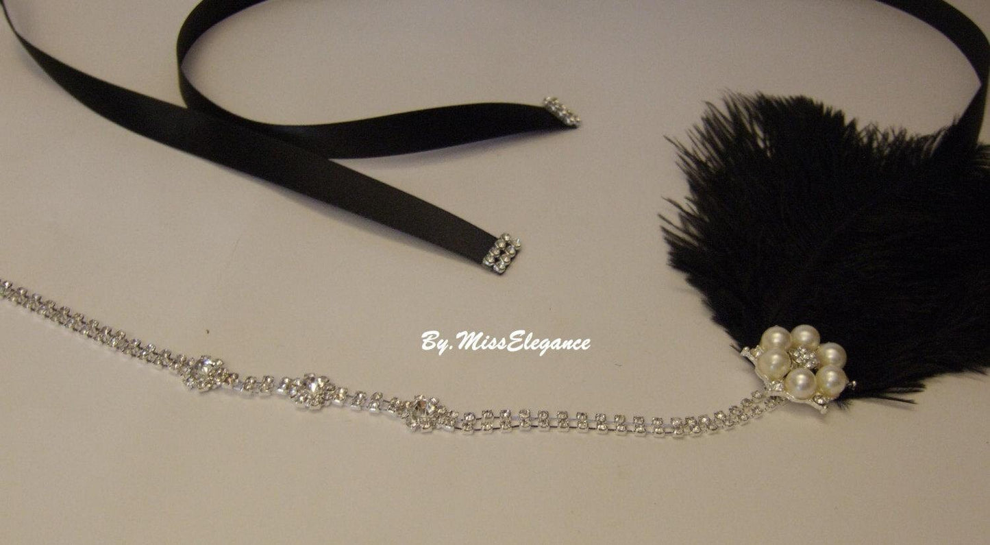 Gatsby feather fascinator #Black feather Flapper headband  Vintage Wedding hairpiece 1920s Crystal Pearl fascinator Ostrich feather headband