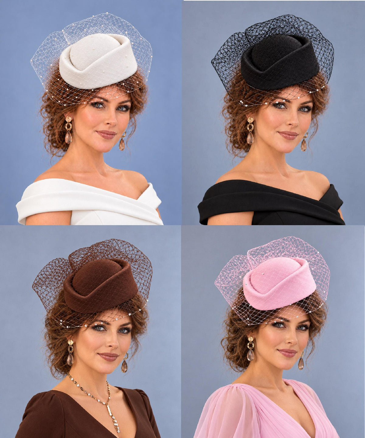 Pillbox hat with birdcage veil. Wool Felt hat fascinator White,Black,Brown,Pink fascinator with Blusher Veil custom colour