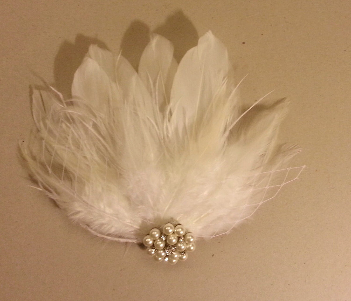 Off White Feather Fascinator: Bridal Pearl Rhinestone Hair Clip