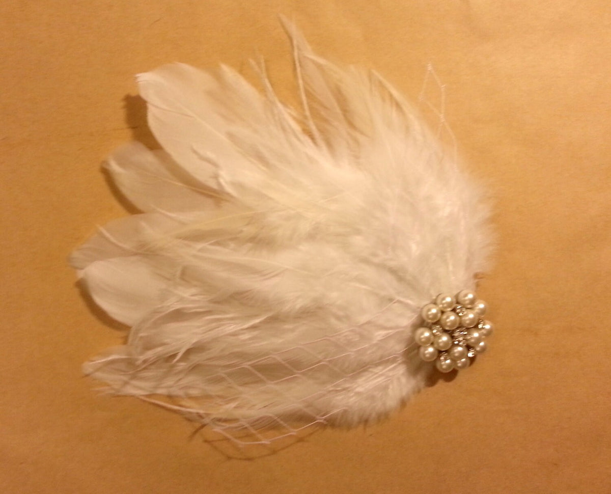 Off White Feather Fascinator: Bridal Pearl Rhinestone Hair Clip