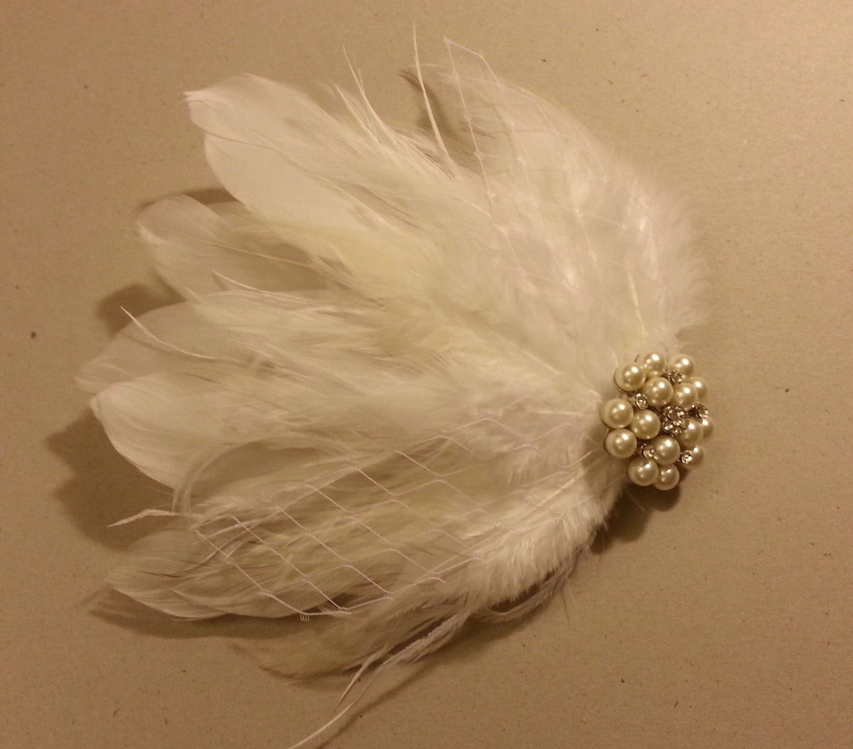 Off White Feather Fascinator: Bridal Pearl Rhinestone Hair Clip
