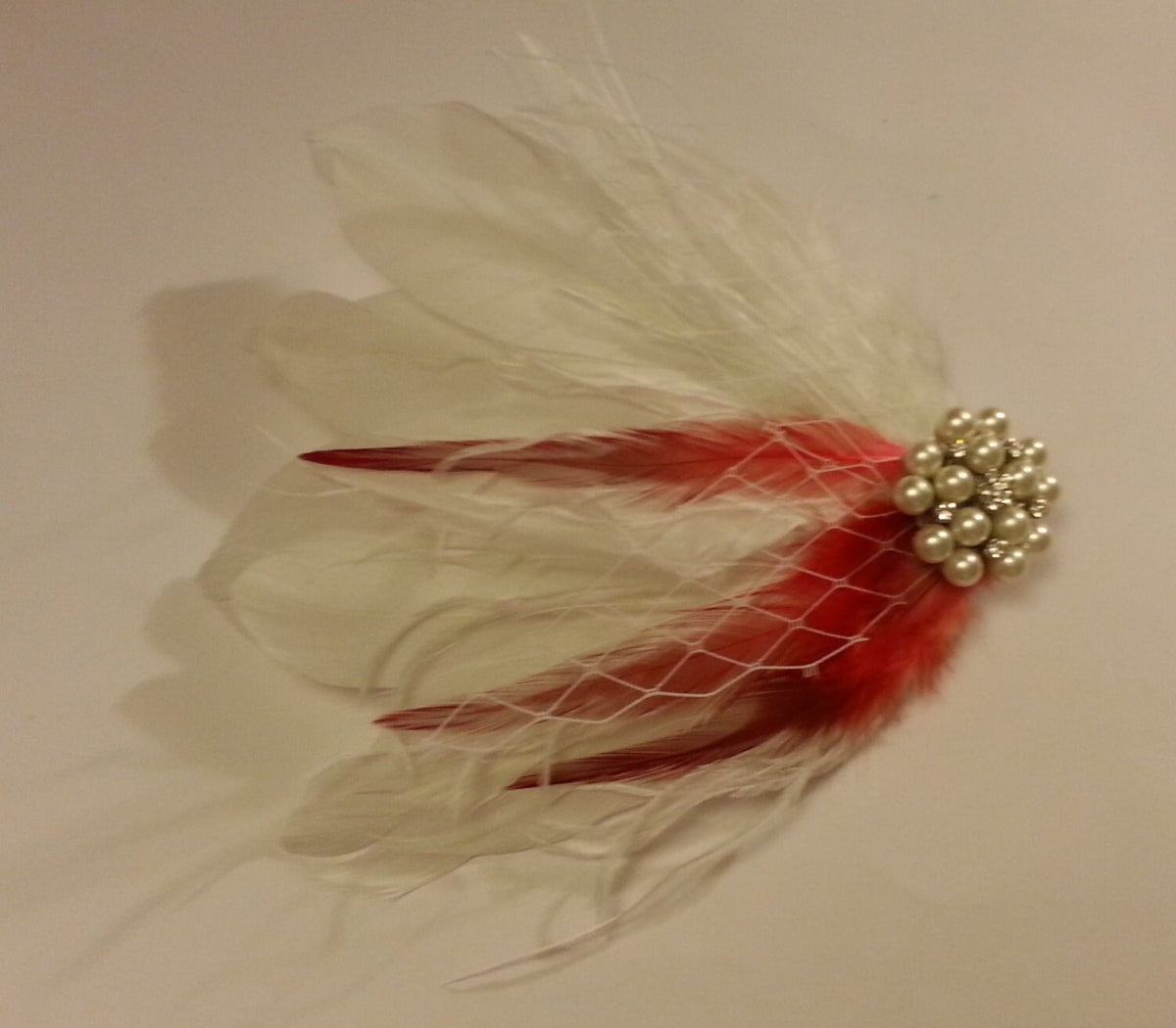 Red & White Feather Fascinator: Vintage Bridal Hair Clip