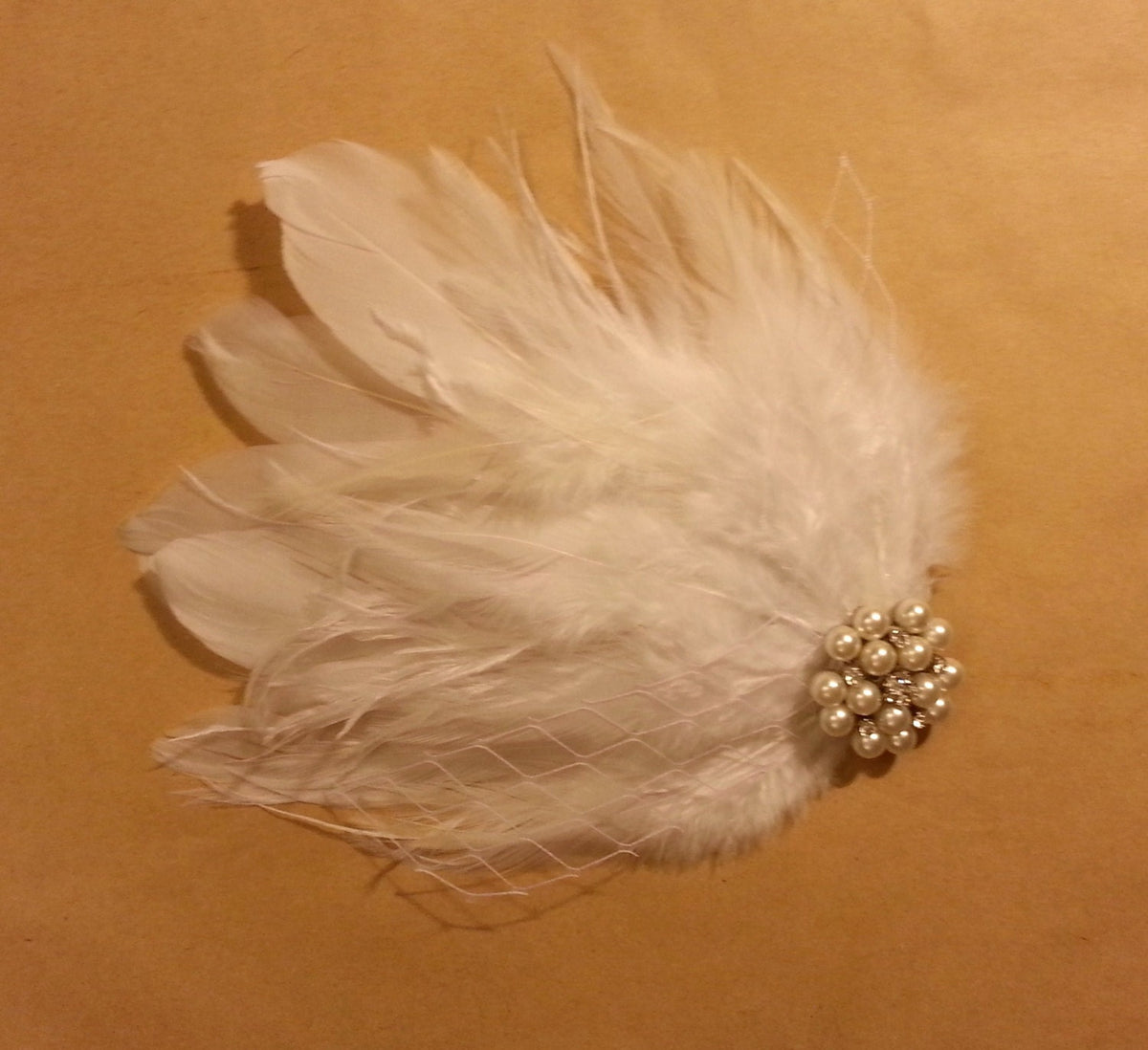 Off White Feather Fascinator: Bridal Pearl Rhinestone Hair Clip