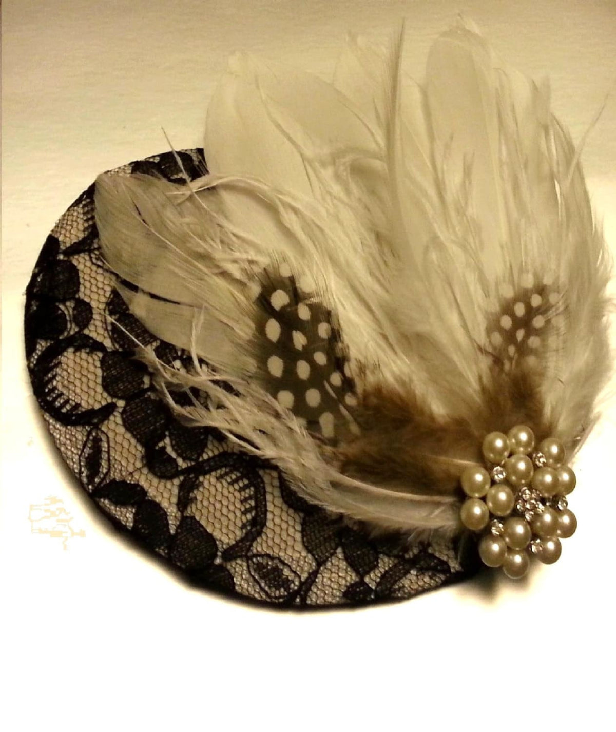Black & White Feather Fascinator, Pearl Crystal Jewel, Vintage Style Headpiece