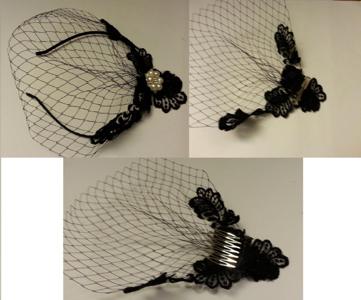 Black Lace Fascinator, Jewel Wedding Headpiece, Birdcage Veil